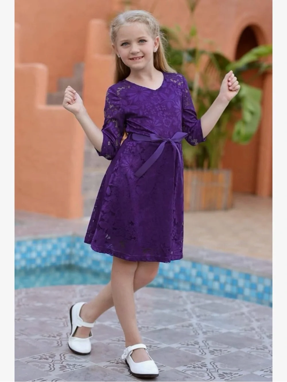 Girls Purple Lace Party Dress with Ribbon Belt